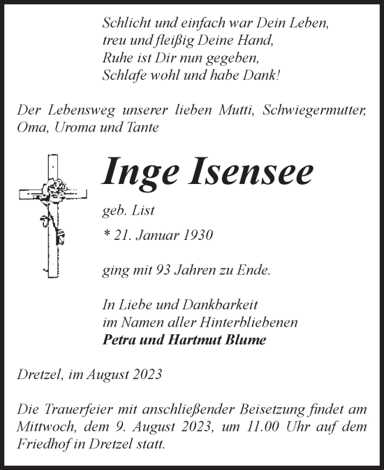 Traueranzeige von Inge Isensee von Volksstimme Burg/Genthin