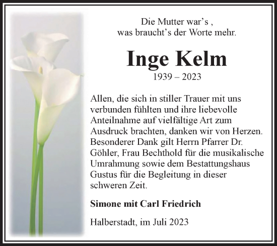 Traueranzeige von Inge Keim von Volksstimme Halberstadt