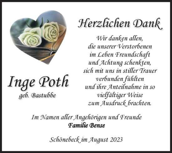 Traueranzeige von Inge Poth von Volksstimme Schönebeck