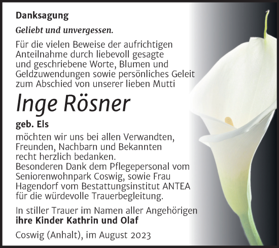 Traueranzeige von Inge Rösner von Trauerkombi Wittenberg