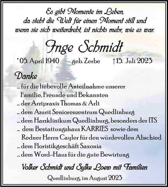 Traueranzeige von Inge Schmidt von Trauerkombi Quedlinburg