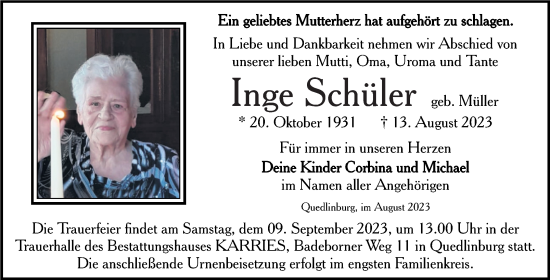 Traueranzeige von Inge Schüler von Trauerkombi Quedlinburg