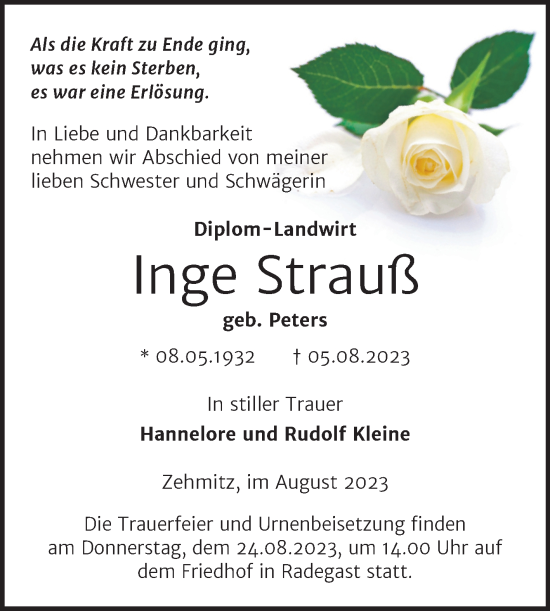 Traueranzeige von Inge Strauß von Trauerkombi Köthen