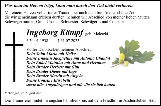 Traueranzeige von Ingeborg Kämpf von Trauerkombi Aschersleben