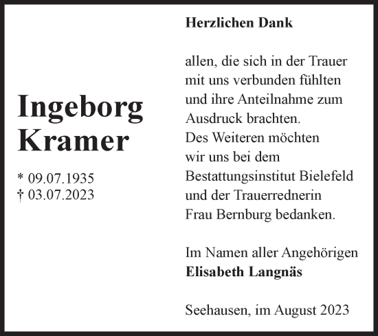 Traueranzeige von Ingeborg Kramer von Volksstimme Altmark Ost