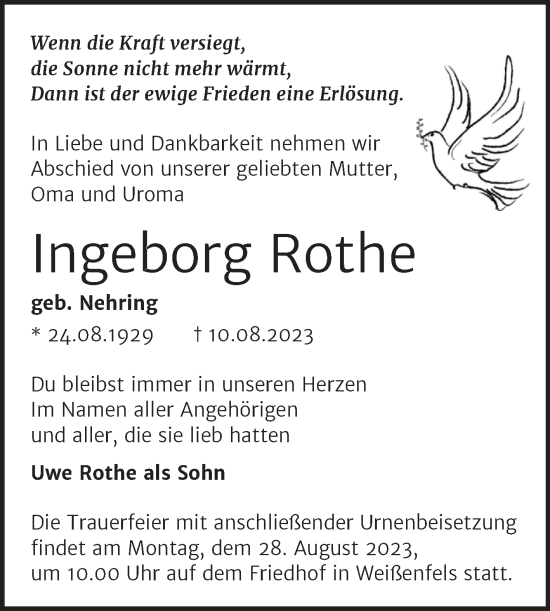 Traueranzeige von Ingeborg Rothe von Trauerkombi Weißenfels