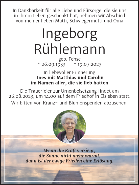 Traueranzeige von Ingeborg Rühlemann von Trauerkombi Mansfelder Land