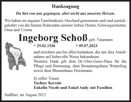 Traueranzeige von Ingeborg Schoß von Volksstimme Staßfurt