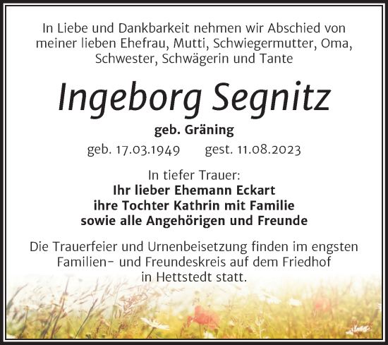 Traueranzeige von Ingeborg Segnitz von Trauerkombi Mansfelder Land