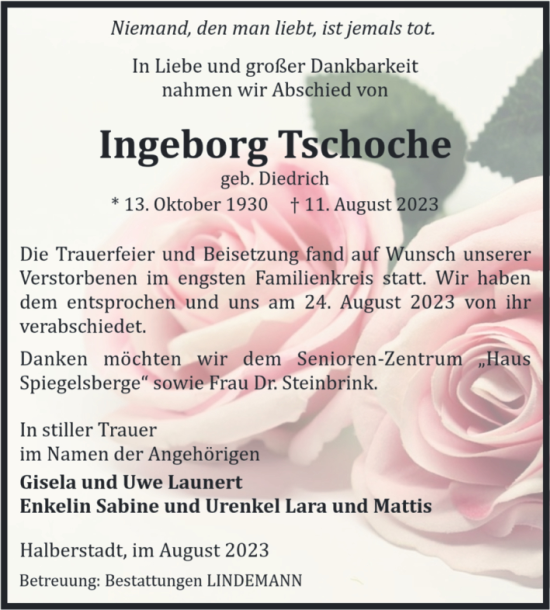 Traueranzeige von Ingeborg Tschoche von Volksstimme Halberstadt