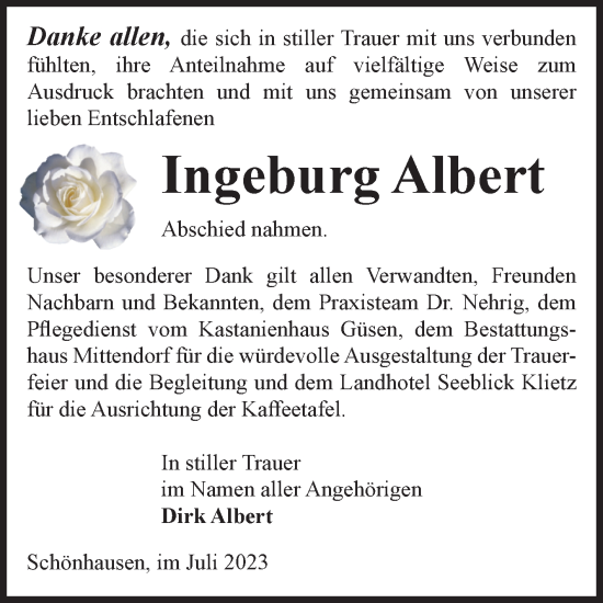 Traueranzeige von Ingeburg Albert von Volksstimme Altmark Ost