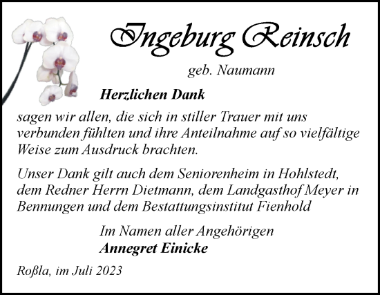 Traueranzeige von Ingeburg Reinsch von Trauerkombi Sangerhausen