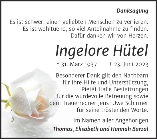 Traueranzeige von Ingelore Hütel von Mitteldeutsche Zeitung Halle/Saalkreis
