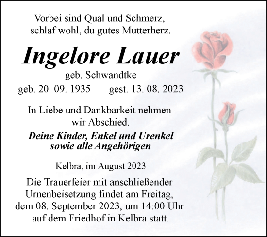 Traueranzeige von Ingelore Lauer von Trauerkombi Sangerhausen