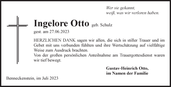 Traueranzeige von Ingelore Otto von Volksstimme Wernigerode