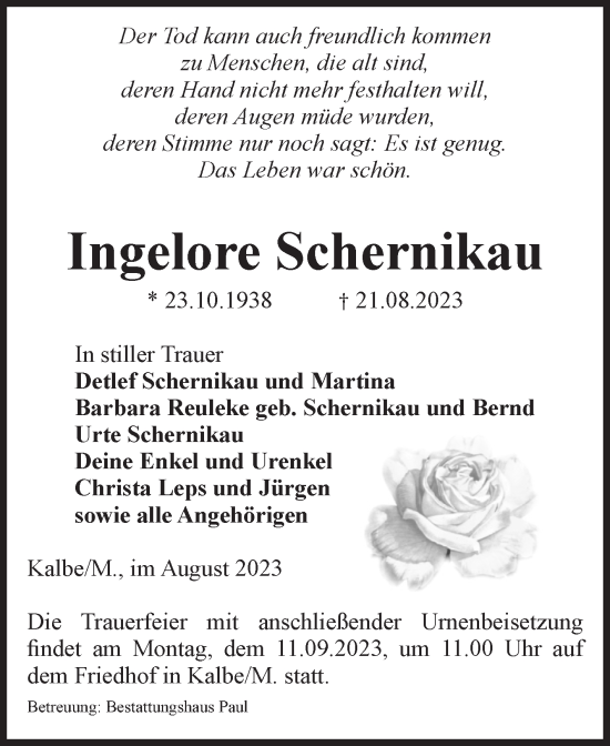 Traueranzeige von Ingelore Schernikau von Volksstimme Altmark West