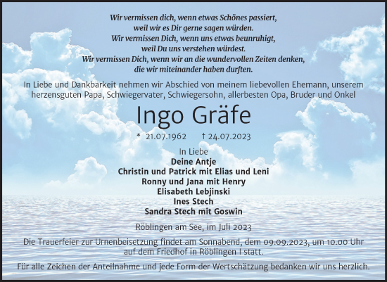 Traueranzeige von Ingo Gräfe von Trauerkombi Mansfelder Land