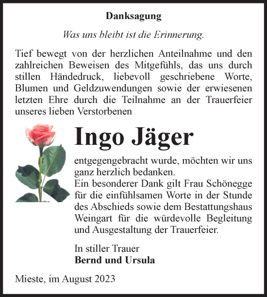 Traueranzeige von Ingo Jäger von Volksstimme Altmark West
