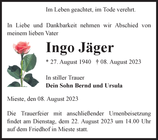 Traueranzeige von Ingo Jäger von Volksstimme Altmark West