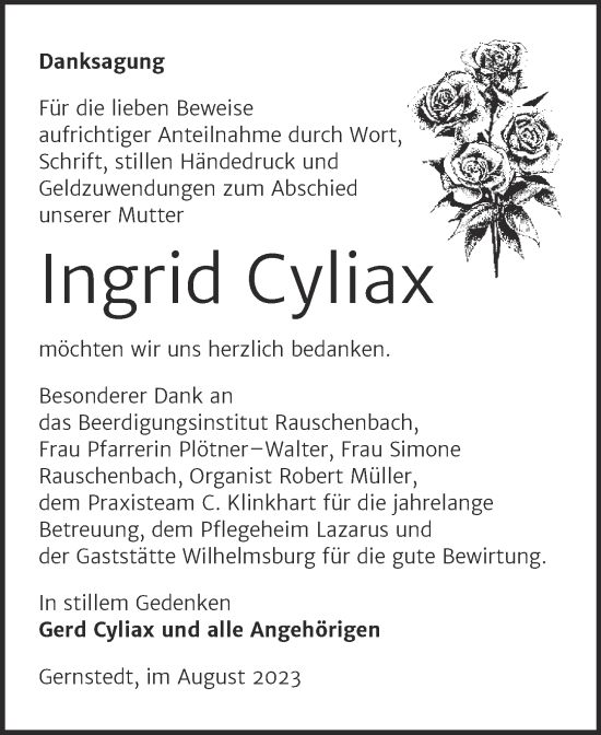 Traueranzeige von Ingrid Cyliax von Wochenspiegel Naumburg/Nebra