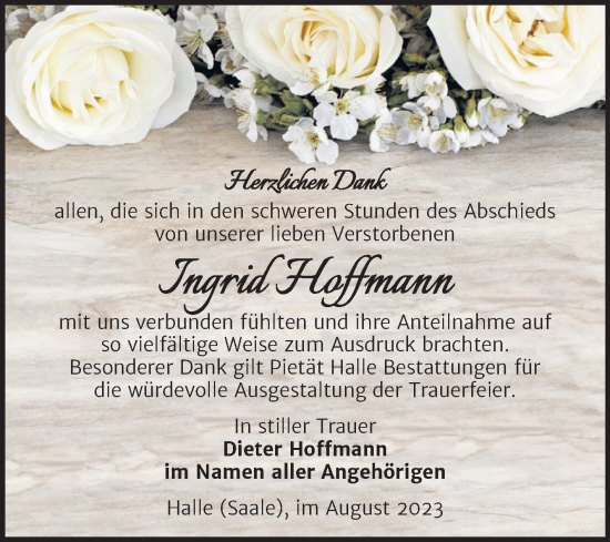 Traueranzeige von Ingrid Hoffmann von Mitteldeutsche Zeitung Halle/Saalkreis
