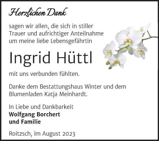 Traueranzeige von Ingrid Hüttl von Trauerkombi Bitterfeld