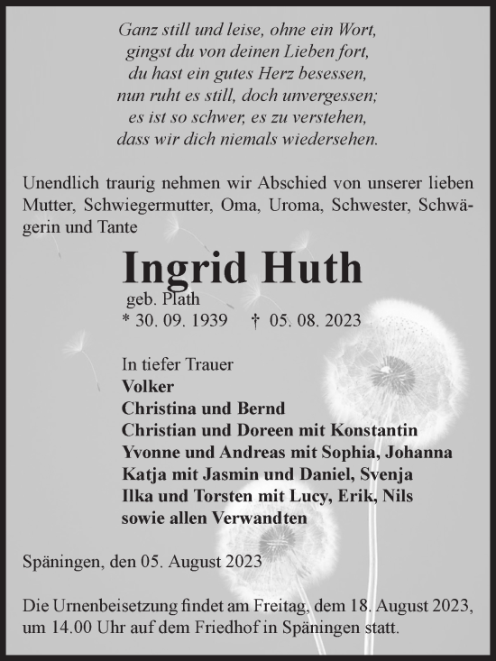 Traueranzeige von Ingrid Huth von Volksstimme Altmark Ost