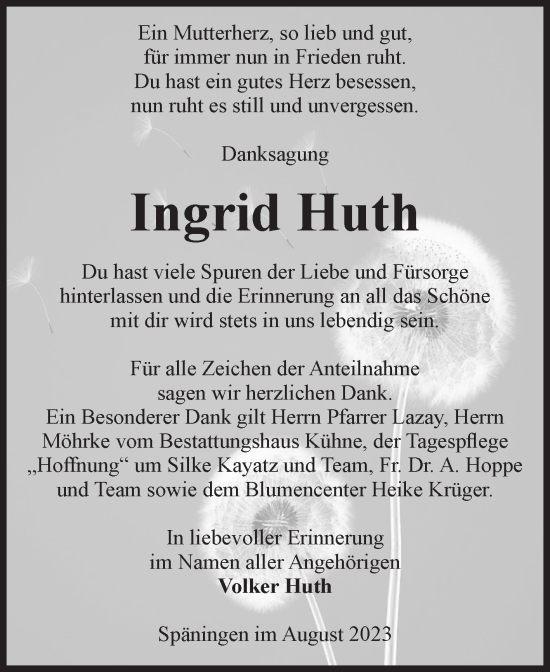 Traueranzeige von Ingrid Huth von Volksstimme Altmark Ost