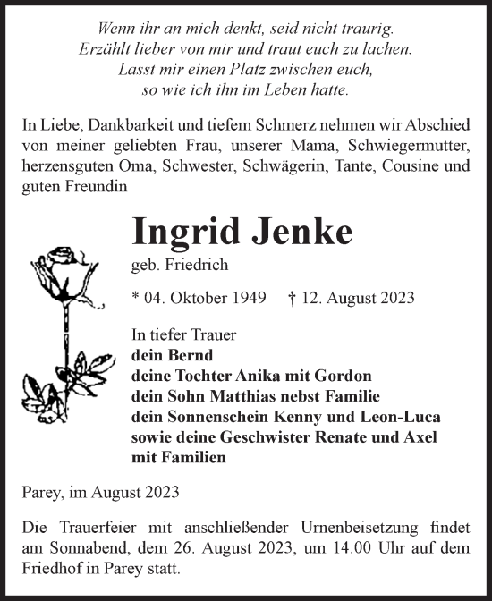Traueranzeige von Ingrid Jenke von Volksstimme Burg/Genthin