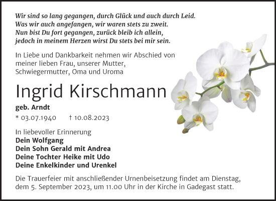 Traueranzeige von Ingrid Kirschmann von Trauerkombi Wittenberg