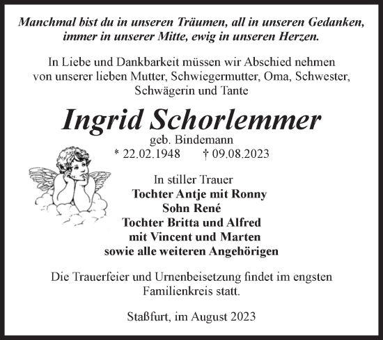 Traueranzeige von Ingrid Schorlemmer von Volksstimme Staßfurt