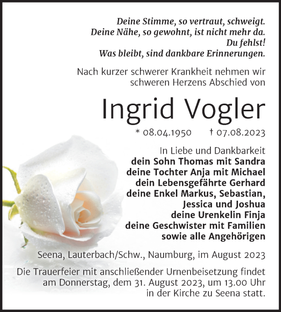 Traueranzeige von Ingrid Vogler von Wochenspiegel Naumburg/Nebra
