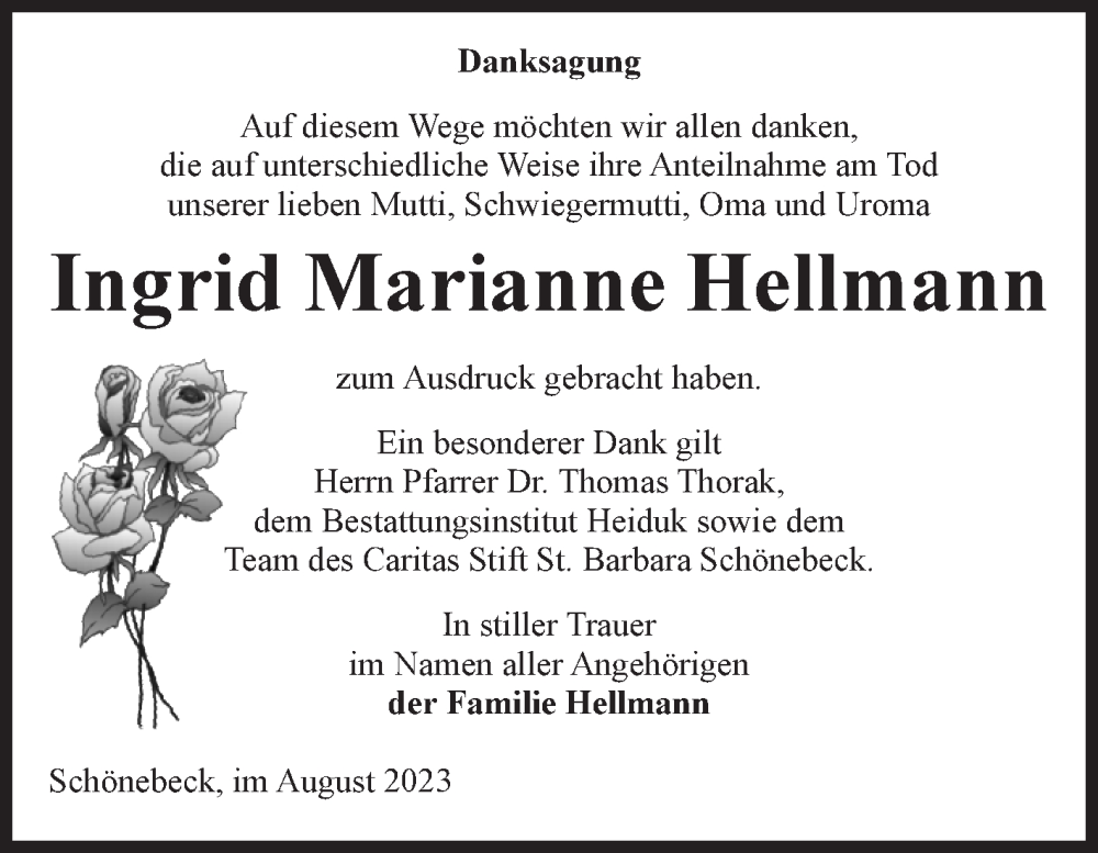  Traueranzeige für Ingrid Marianne Hellmann vom 26.08.2023 aus Volksstimme Schönebeck