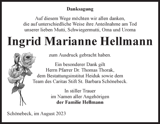 Traueranzeige von Ingrid Marianne Hellmann von Volksstimme Schönebeck