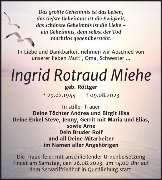 Traueranzeige von Ingrid Rotraud Miehe von Trauerkombi Quedlinburg