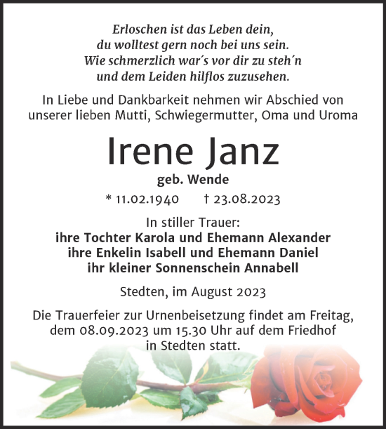 Traueranzeige von Irene Janz von Trauerkombi Mansfelder Land