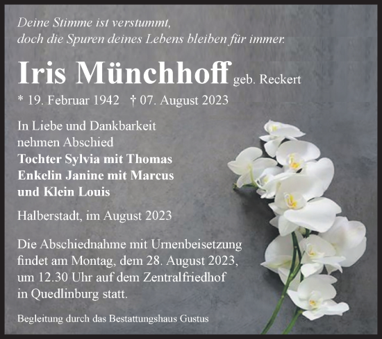 Traueranzeige von Iris Münchhoff von Volksstimme Halberstadt