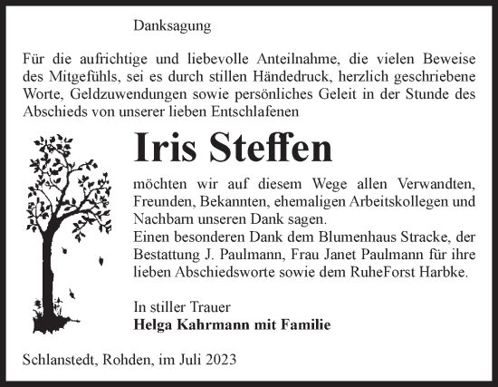 Traueranzeige von Iris Steffen von Volksstimme Halberstadt