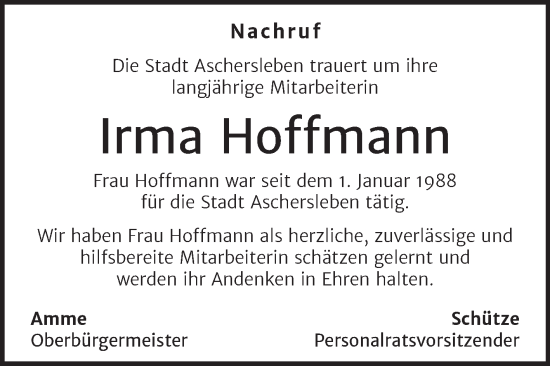 Traueranzeige von Irma Hoffmann von Wochenspiegel Aschersleben