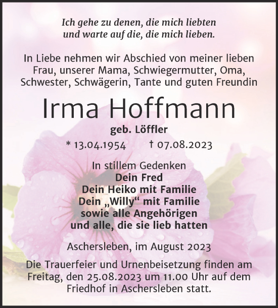Traueranzeige von Irma Hoffmann von Trauerkombi Aschersleben