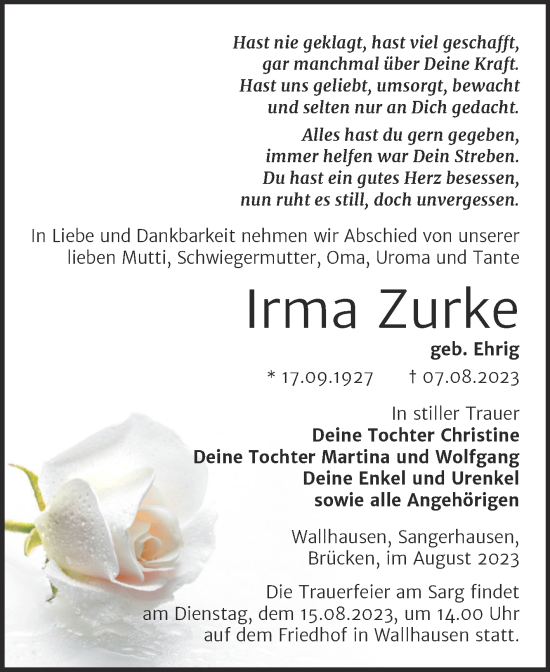 Traueranzeige von Irma Zurke von Trauerkombi Sangerhausen