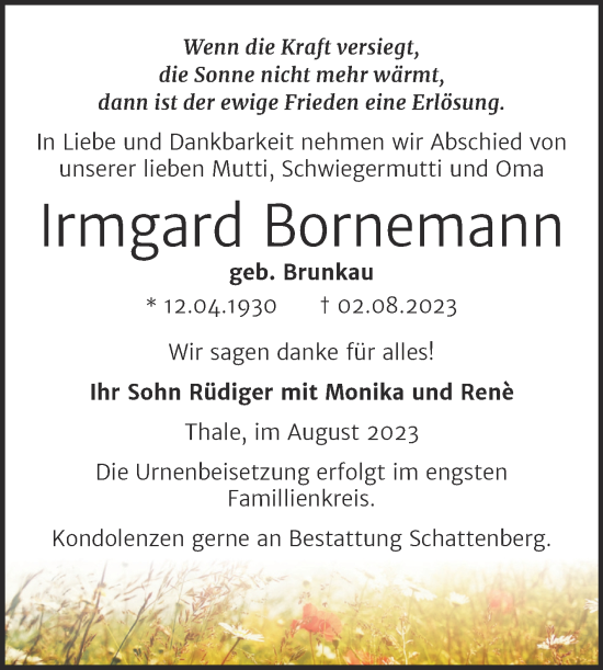 Traueranzeige von Irmgard Bornemann von Trauerkombi Quedlinburg