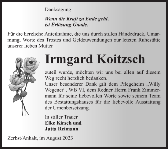 Traueranzeige von Irmgard Koitzsch von Volksstimme Zerbst
