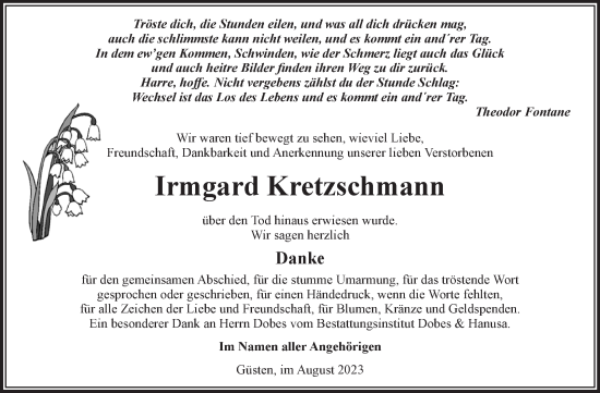 Traueranzeige von Irmgard Kretzschmann von Volksstimme Staßfurt