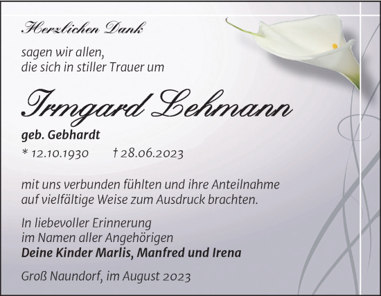 Traueranzeige von Irmgard Lehmann von Trauerkombi Wittenberg