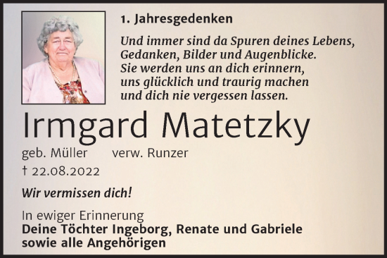 Traueranzeige von Irmgard Matetzky von Trauerkombi Bitterfeld