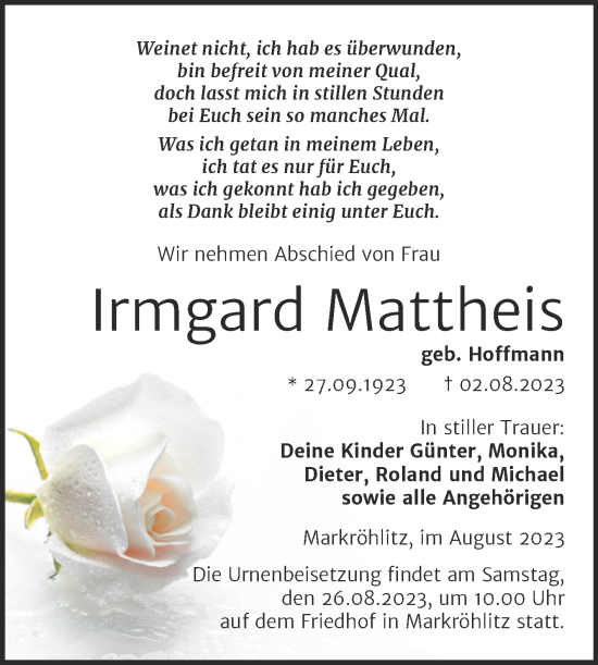 Traueranzeige von Irmgard Mattheis von Trauerkombi Weißenfels