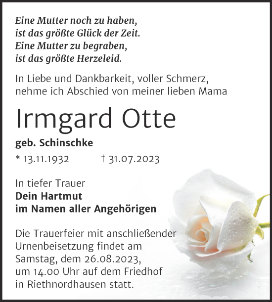 Traueranzeige von Irmgard Otte von Trauerkombi Sangerhausen