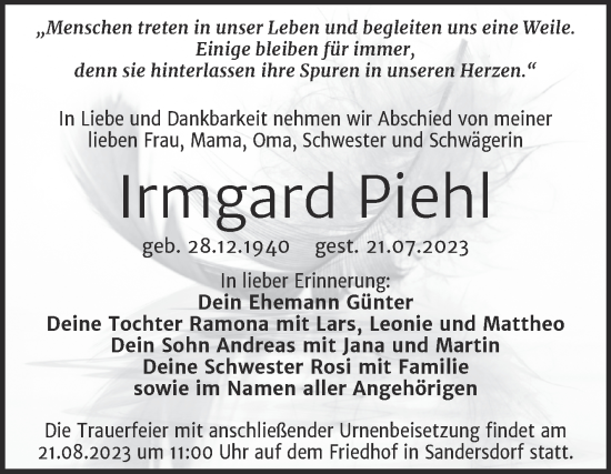 Traueranzeige von Irmgard Piehl von Trauerkombi Bitterfeld