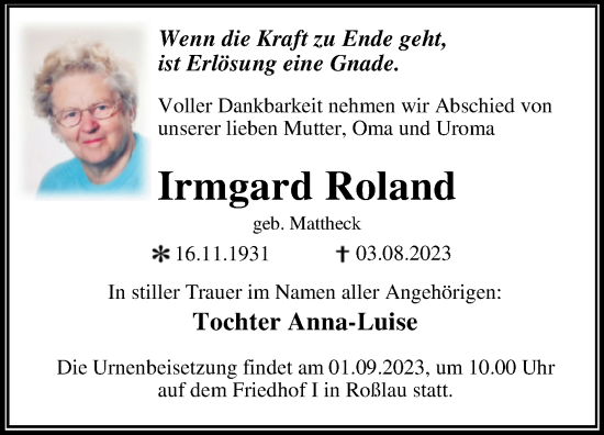 Traueranzeige von Irmgard Roland von Trauerkombi Dessau